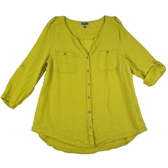JM Collection ~Woman Size 16~ Green 100% Linen 3/4 Sleeve Button Up Top Blouse. - Picture 1 of 10